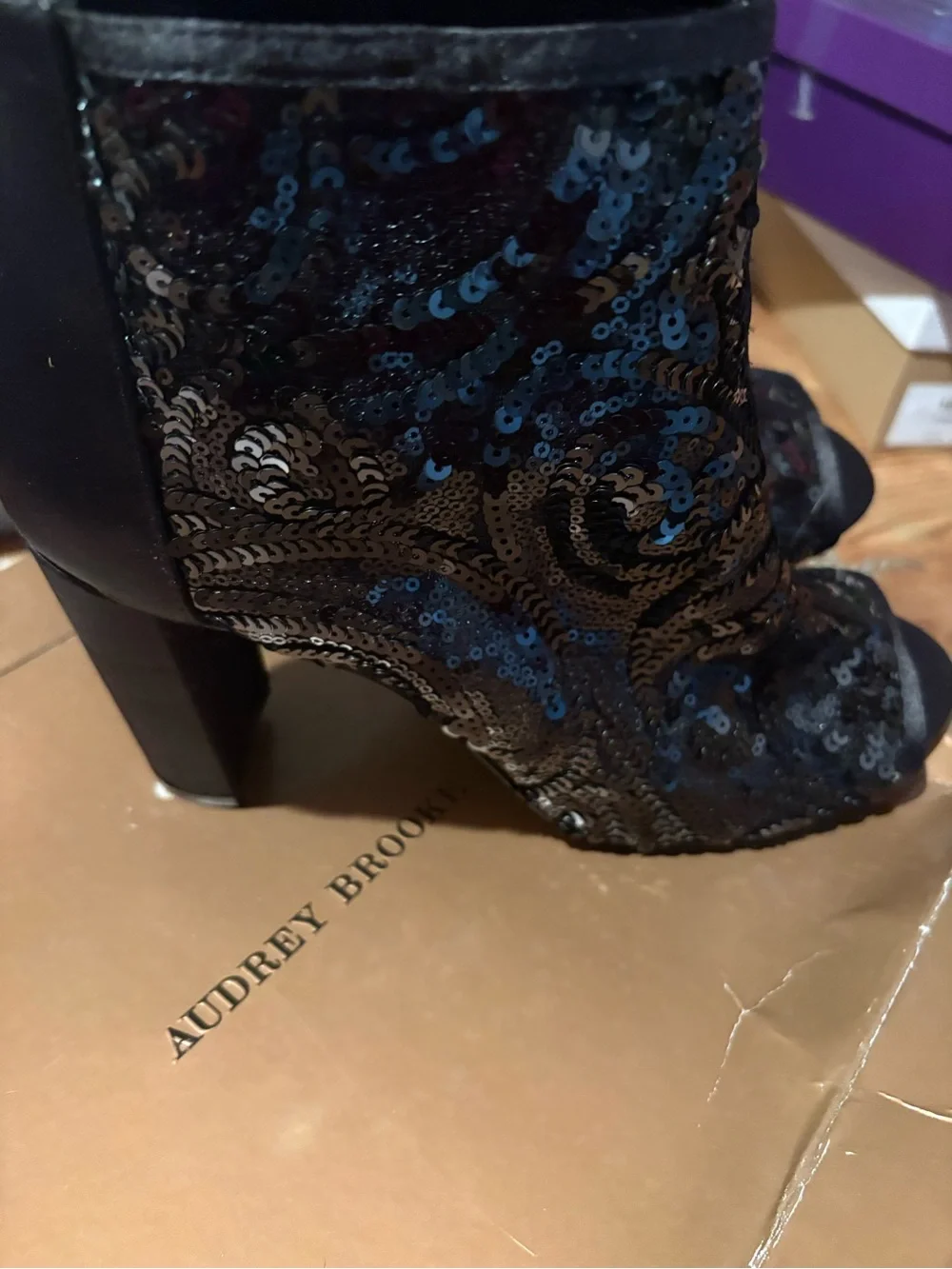 Audrey Brooke Black Sequin Open-Toe Ankle Booties